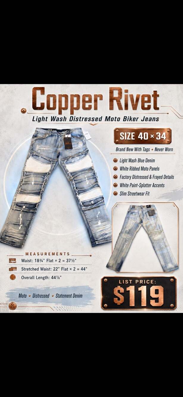 Copper Rivet Light Wash Distressed Moto Biker Jeans with Paint Splatter
